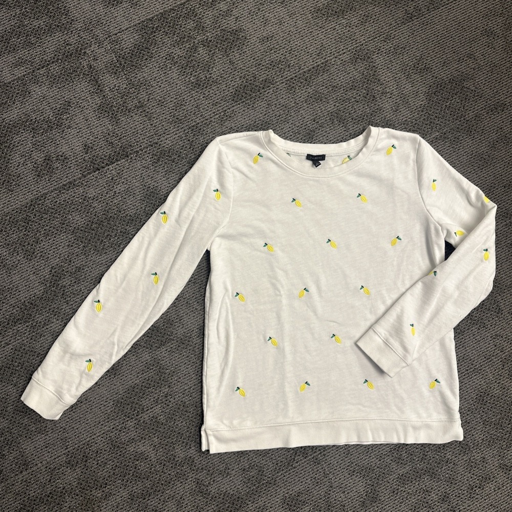 Talbots Womens White Lemon Embroidered Crewneck Sweatshirt Medium Long Sleeve